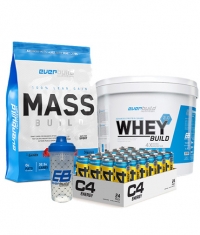 PROMO STACK Whey Protein Build 2.0 + Mass Build Gainer / Bag + 24 C4 Explosive Energy Drink + Shaker Bottle