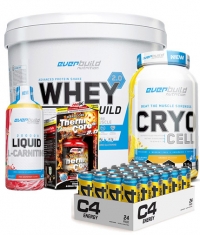 PROMO STACK Whey Protein Build 2.0 + ThermoCore + Cryo Cell + Liquid L-Carnitine + 24 C4 Explosive Energy Drinks
